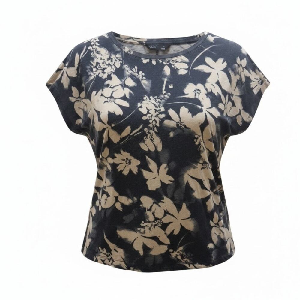 Simply Vera Verawang Gray with cream Flowers T-shirt Short Sleeve Soft Size M